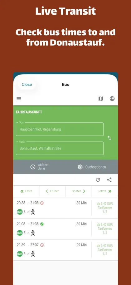 Live Transit. Check bus times to and from Donaustauf.